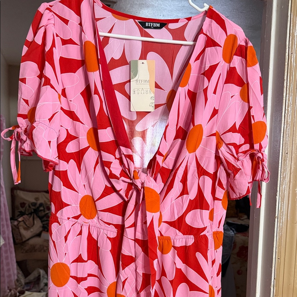 BTFBM Pink & Red Daisy Midi Dress with Orange Accents